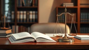 Professional legal office with law books and scales of justice on wooden desk, warm lighting, no text visible, photorealistic