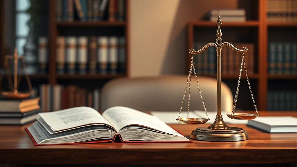Professional legal office with law books and scales of justice on wooden desk, warm lighting, no text visible, photorealistic