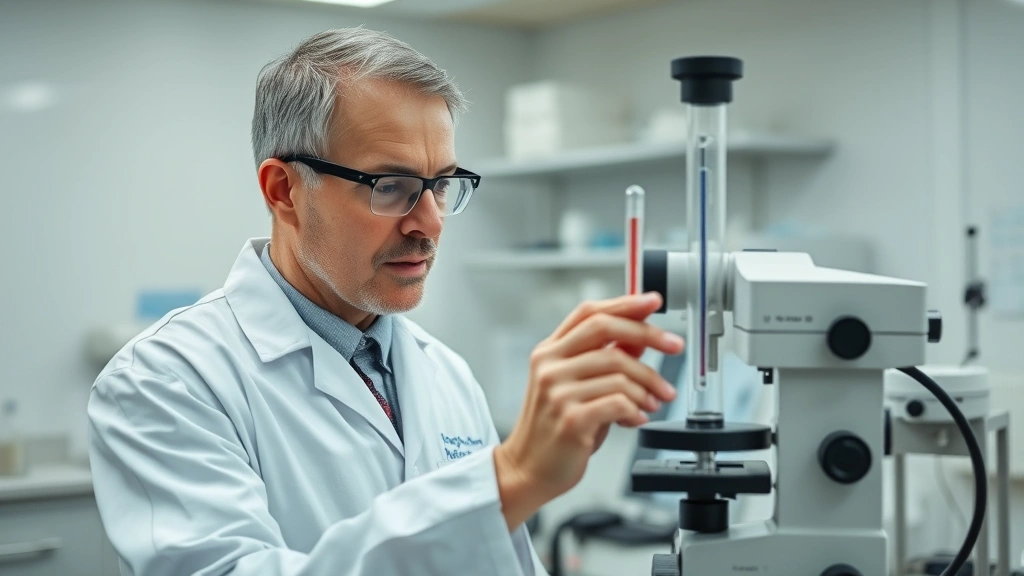 Physicist or scientist examining thermometer and temperature measurement equipment in laboratory setting, clinical environment, professional attire, no labels or text