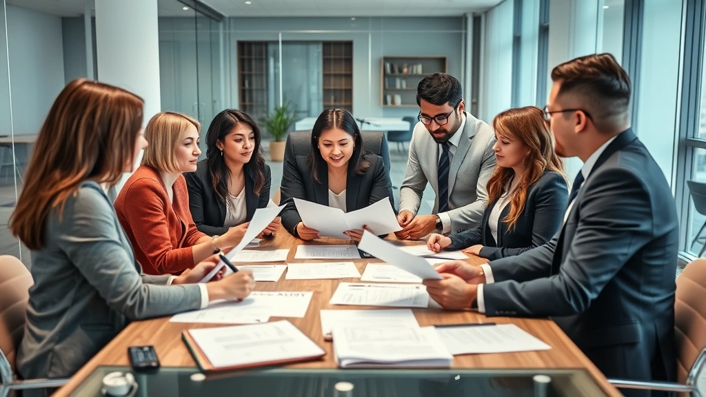 Diverse team of lawyers in business casual attire discussing legal documents around conference table, modern office space, collaborative atmosphere, no visible text on documents