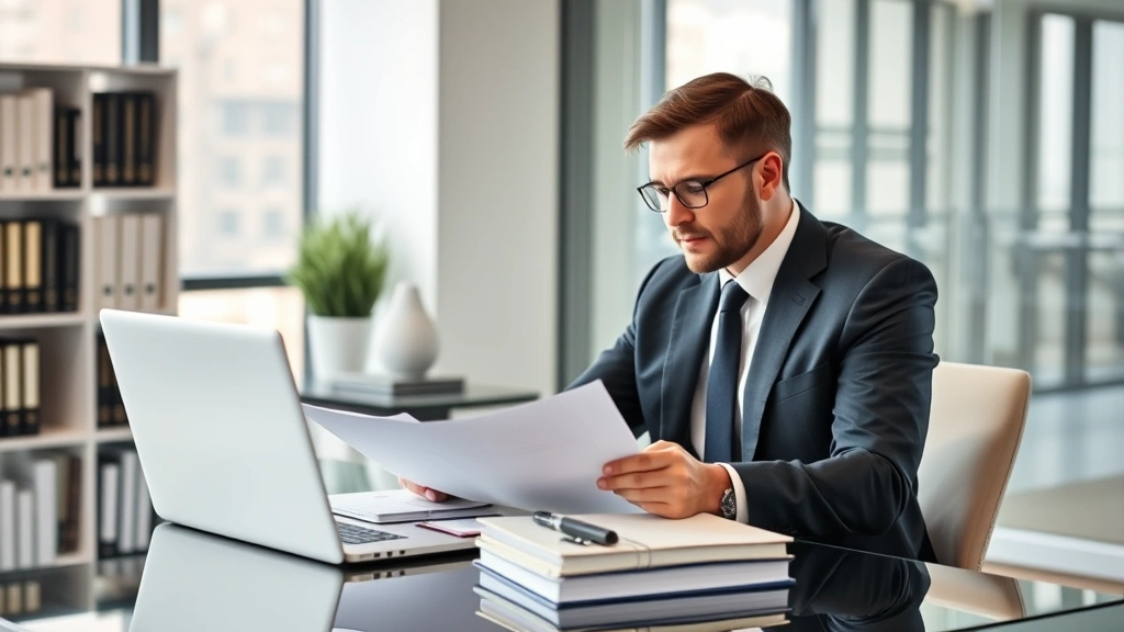 Professional attorney in business suit sitting at desk reviewing legal documents with laptop and law books, modern office environment, focused expression, natural lighting from window