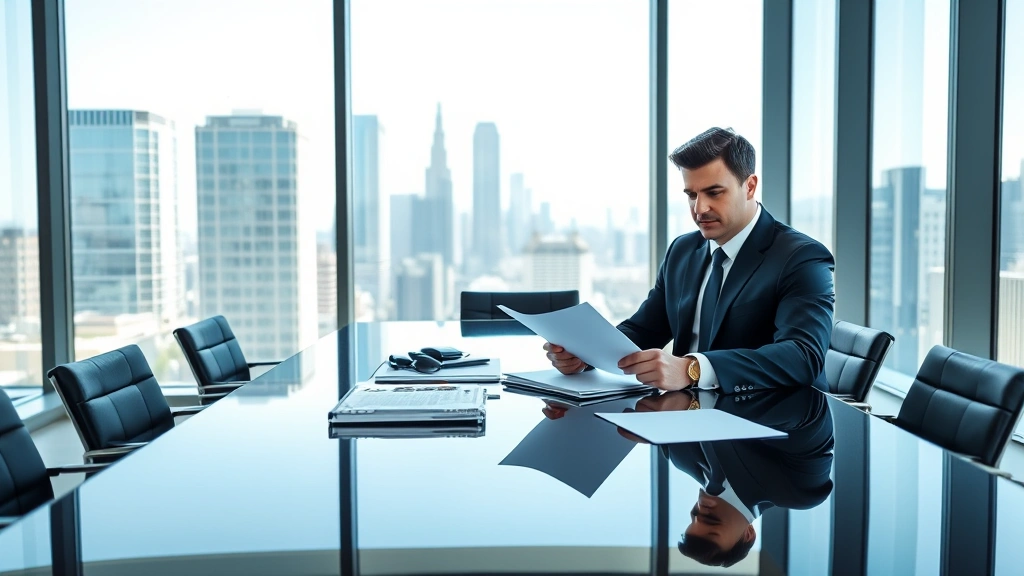 Professional male executive in dark business suit sitting at polished conference table reviewing documents with serious focused expression, modern corporate boardroom with floor-to-ceiling windows overlooking city skyline, natural daylight illuminating clean organized workspace