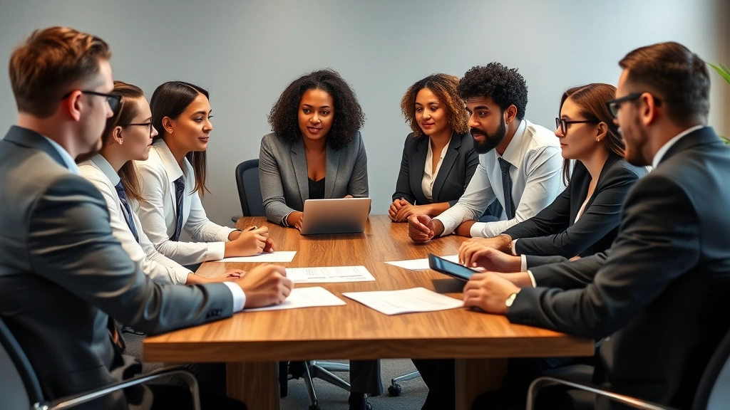 Diverse team of business professionals in formal attire engaged in serious discussion around wooden conference table, papers and tablets visible, professional office setting with neutral background, collaborative atmosphere with focused expressions