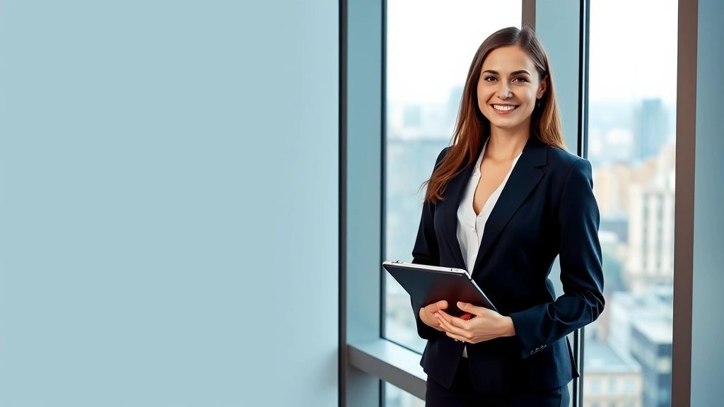Female attorney or compliance officer in professional blazer standing beside large window in law office, holding tablet or folder, overlooking urban cityscape, confident professional demeanor, modern corporate legal environment with soft natural lighting