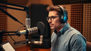 Professional audiobook narrator in soundproof recording studio wearing headphones, speaking into professional microphone, surrounded by acoustic treatment panels and monitoring equipment, warm studio lighting, focused expression