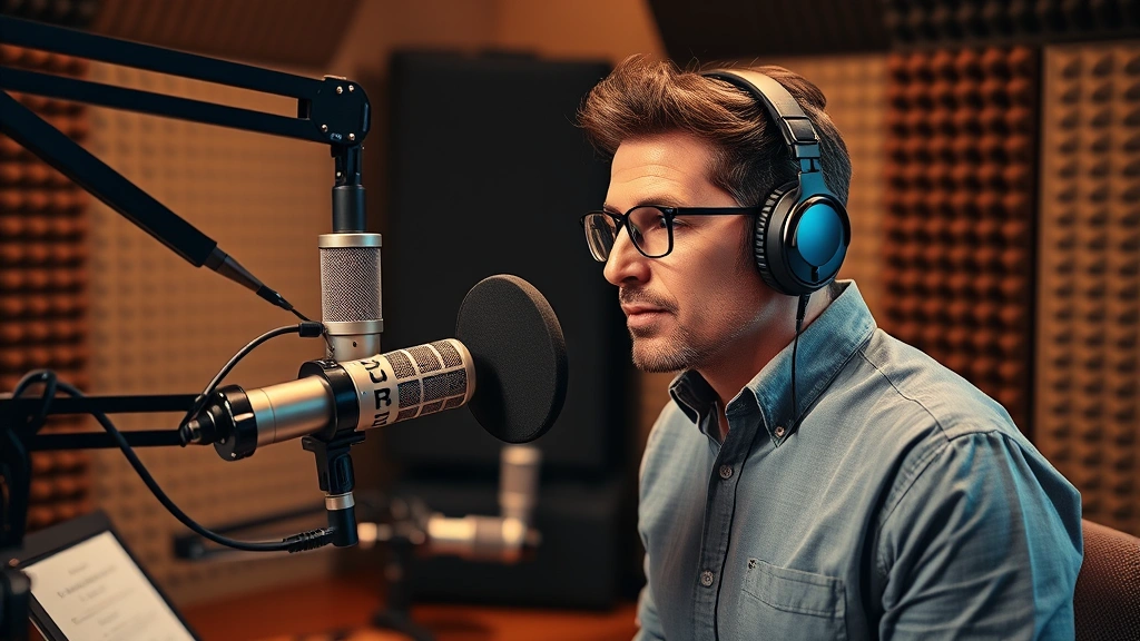 Professional audiobook narrator in soundproof recording studio wearing headphones, speaking into professional microphone, surrounded by acoustic treatment panels and monitoring equipment, warm studio lighting, focused expression