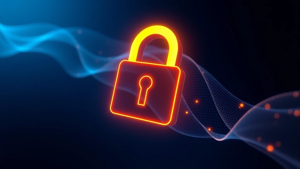 Digital copyright protection concept: glowing padlock symbol on dark blue background with flowing data streams, representing DRM and digital security for audiobook content, modern technology aesthetic