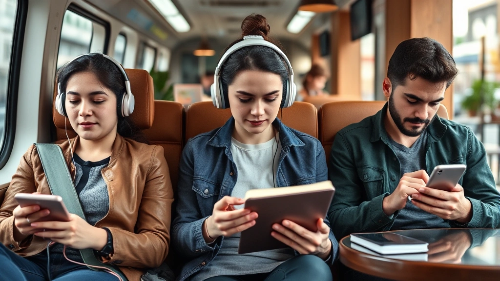 Diverse group of people listening to audiobooks on various devices: one with earbuds on a commute, another on tablet at home, another on smartphone at a cafe, representing legitimate audiobook consumption and consumer rights