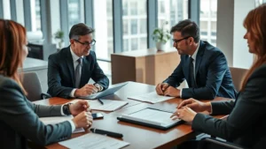 Professional lawyers in modern office conducting serious contract negotiation discussion at conference table with documents and legal materials, natural lighting, focused expressions, collaborative atmosphere