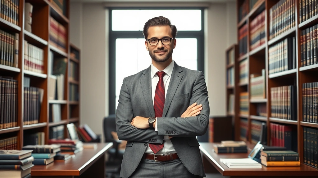 Confident attorney standing in law office surrounded by legal books and case files, professional business attire, authoritative posture, modern legal workspace with natural window lighting