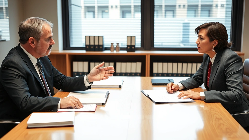 Two attorneys in business attire engaged in serious discussion across conference table, one gesturing while speaking, law books and documents visible, professional negotiation setting
