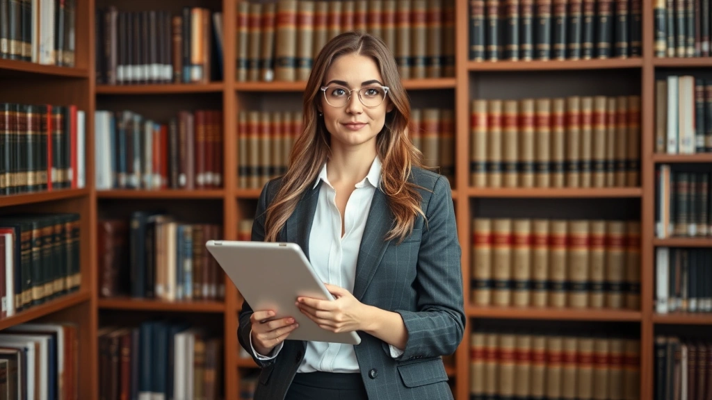 Female lawyer standing confidently in law library surrounded by legal books and resources, holding tablet, professional business casual attire, thoughtful expression
