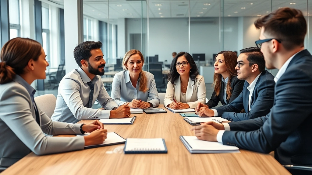 Diverse business professionals in conference room during meeting, discussing strategy around table with notebooks, professional attire, modern office setting with glass walls