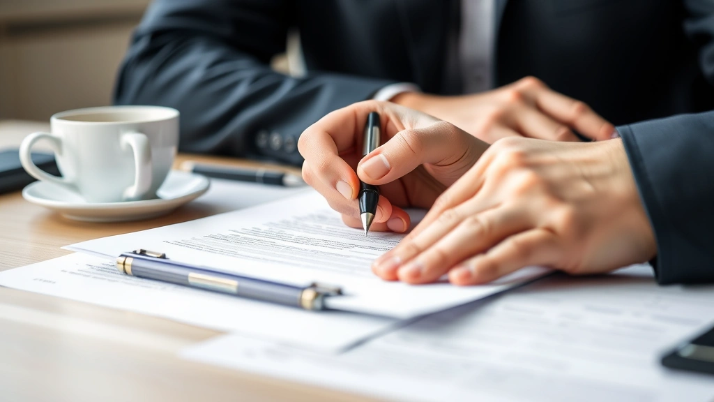 Close-up of hands reviewing contract documents with pen, formal business setting, professional appearance, paperwork on desk with coffee cup, soft natural lighting