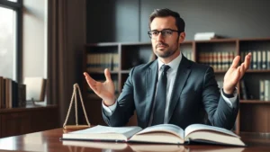 Professional attorney in business attire confidently presenting legal arguments in modern law office, sophisticated desk with law books, natural lighting, serious composed expression, professional environment