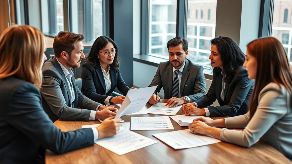 Diverse legal professionals in conference room discussing strategy around table, reviewing documents, focused expressions, collaborative atmosphere, modern corporate setting, natural light from windows