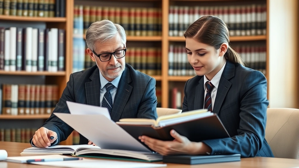 Senior lawyer mentoring junior associate at desk, reviewing case files, respectful professional interaction, law library background with shelves, knowledge transfer moment, warm professional lighting