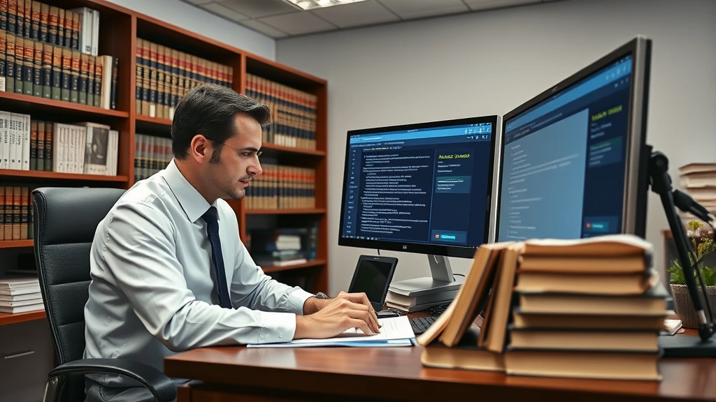 Professional legal research scene showing attorney working at desk with law books, computer displays showing legal databases and statute codes, organized library of legal references, neutral professional lighting, modern law office environment