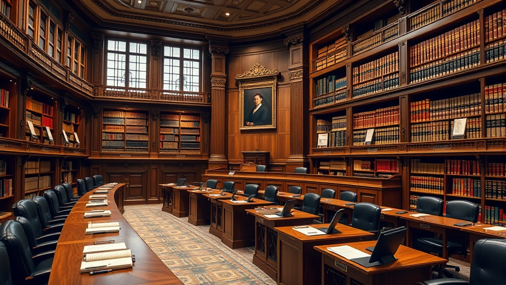 Detailed image of legislative session room with formal setting, law books on shelves, statute compilations and legal codes displayed, professional courtroom or legislature interior, emphasizing order and legal organization