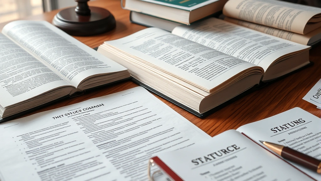 Close-up of legal documents and statute books arranged on wooden desk, highlighted sections visible, legal notepad with annotations, professional legal workspace with natural lighting, showing research and analysis process