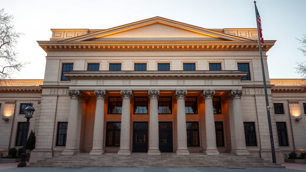 Professional photograph of a modern government building exterior with classical architecture, daytime lighting, no signage visible, representing federal administrative agencies and institutional governance