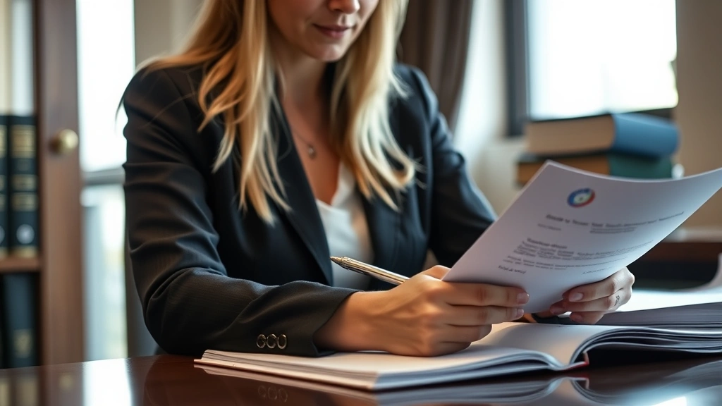 Close-up of a professional woman reviewing documents and taking notes at a desk in a law office, natural lighting from window, representing administrative law practice and regulatory compliance work