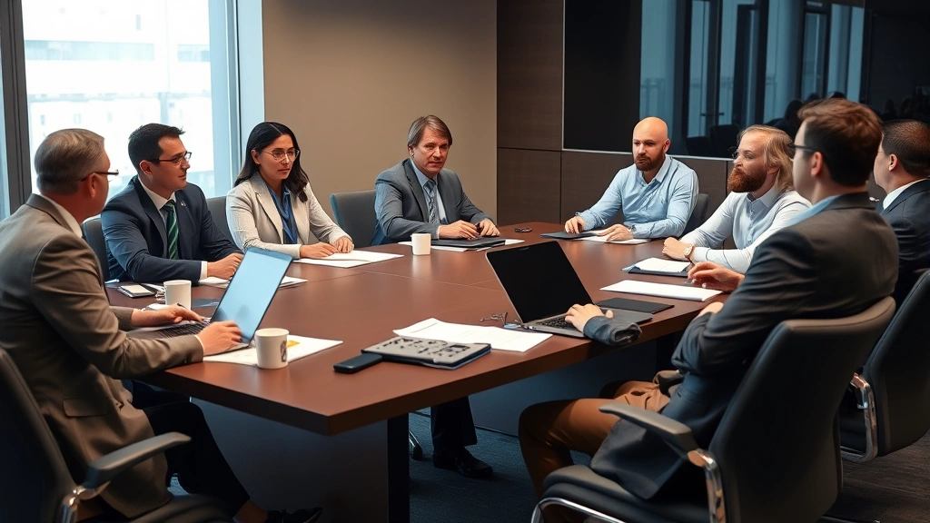 Diverse group of professionals in business attire seated at a conference table during a meeting, engaged in discussion with papers and laptops visible, representing stakeholder participation in administrative proceedings