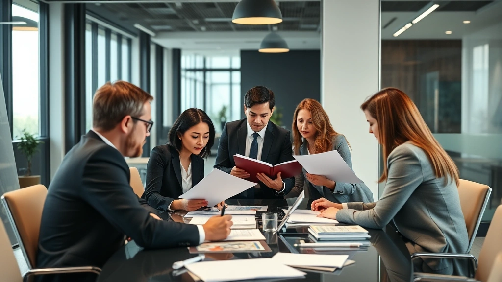 Professional legal team in modern office conference room reviewing case files and legal documents together, focused collaborative work environment with modern furniture and natural lighting