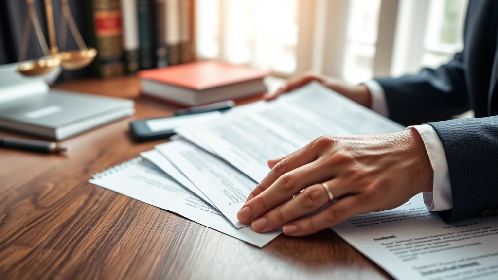 Close-up of attorney hands organizing case documents and legal briefs on desk, professional workspace with law books and computer in background, organized legal materials