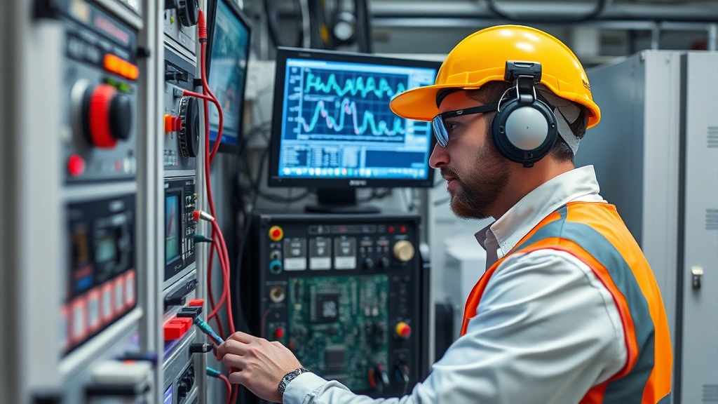 Professional electrical engineer in modern laboratory examining electromagnetic testing equipment and circuit boards, wearing safety gear, focused on technical measurements and calculations displayed on computer monitors