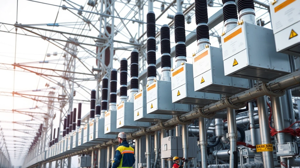 Close-up of high-voltage power transmission equipment and cables in industrial facility, showing complex electrical infrastructure with safety markings and professional maintenance personnel in protective equipment