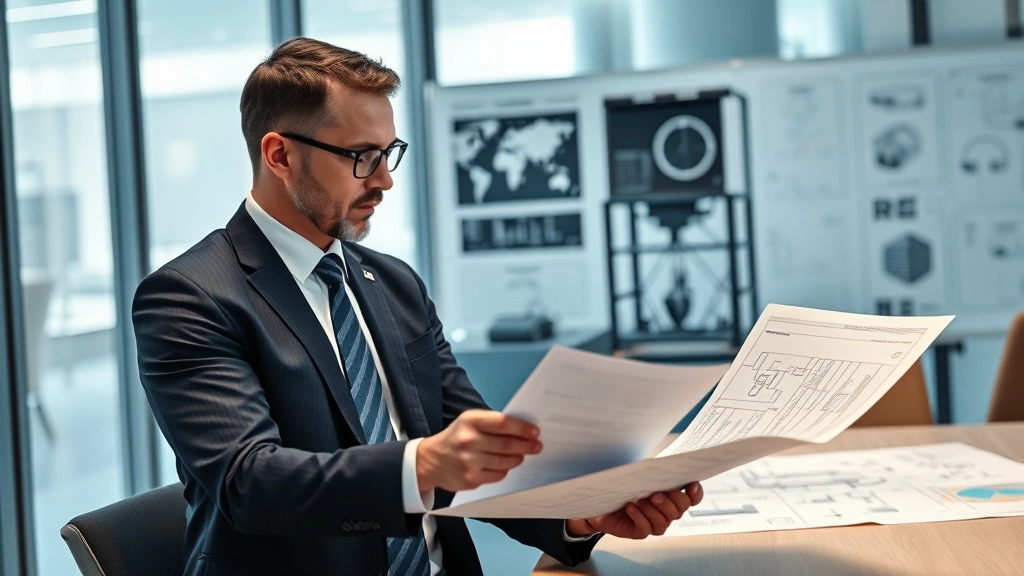 Legal professional in modern office reviewing technical documentation and blueprints of electromagnetic devices, with regulatory compliance documents visible, professional business attire, serious focused expression