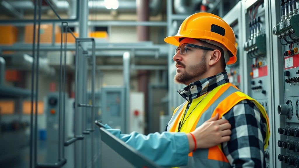 Professional electrical engineer in safety equipment examining high-voltage distribution panel in industrial facility, focused expression, daylight, modern power systems visible in background