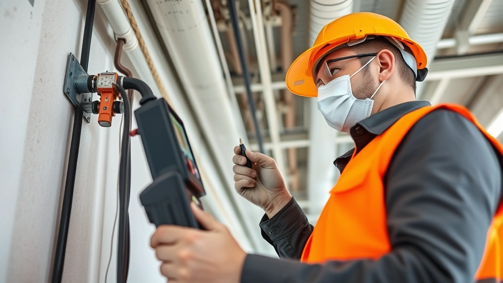 Close-up of qualified electrician performing safety inspection on electrical conduit and wiring in commercial building, using testing equipment, professional attire, proper PPE