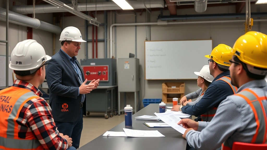 OSHA-certified safety trainer conducting workplace electrical hazard training session with employees in hard hats, classroom setting, instructional materials visible, professional environment