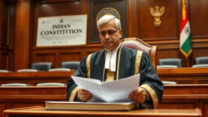 Professional Indian judge in traditional robes sitting at elevated bench in high court chamber, reviewing legal documents with focused expression, mahogany furniture, formal courtroom setting with Indian constitution displayed on wall
