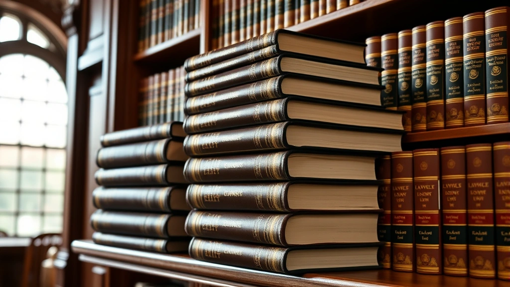 Stacked legal law books and case reports on wooden library shelf, leather-bound volumes with gold lettering, law library interior with natural light, professional legal research environment