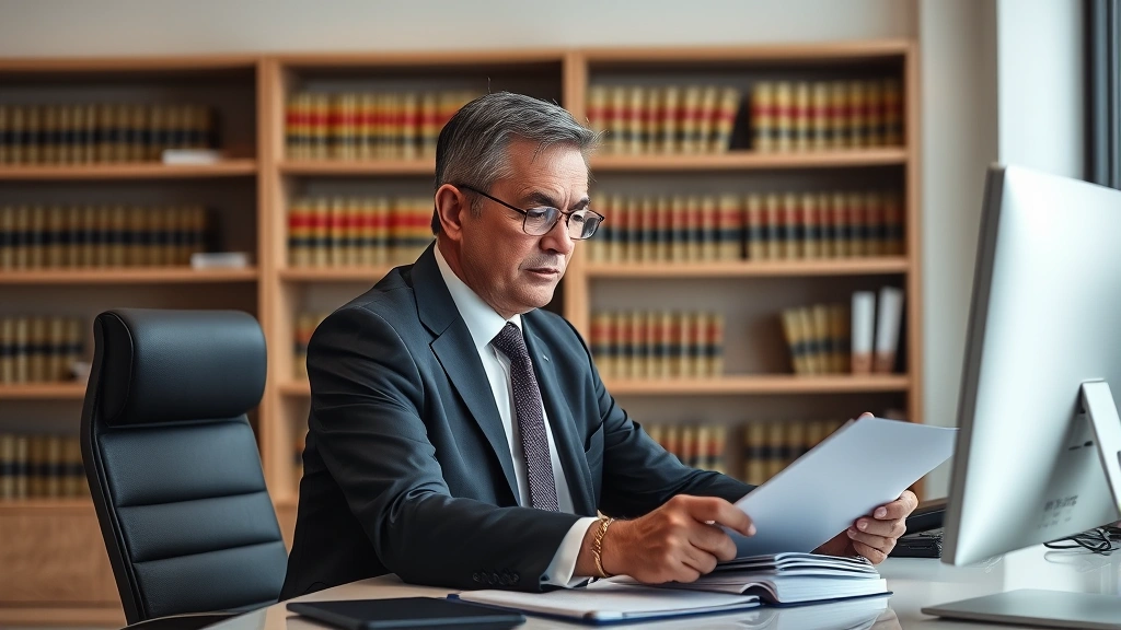 Senior male lawyer in formal business suit reviewing case files at modern desk with computer monitor, law office setting with bookshelves, concentrated professional appearance, contemporary legal workspace