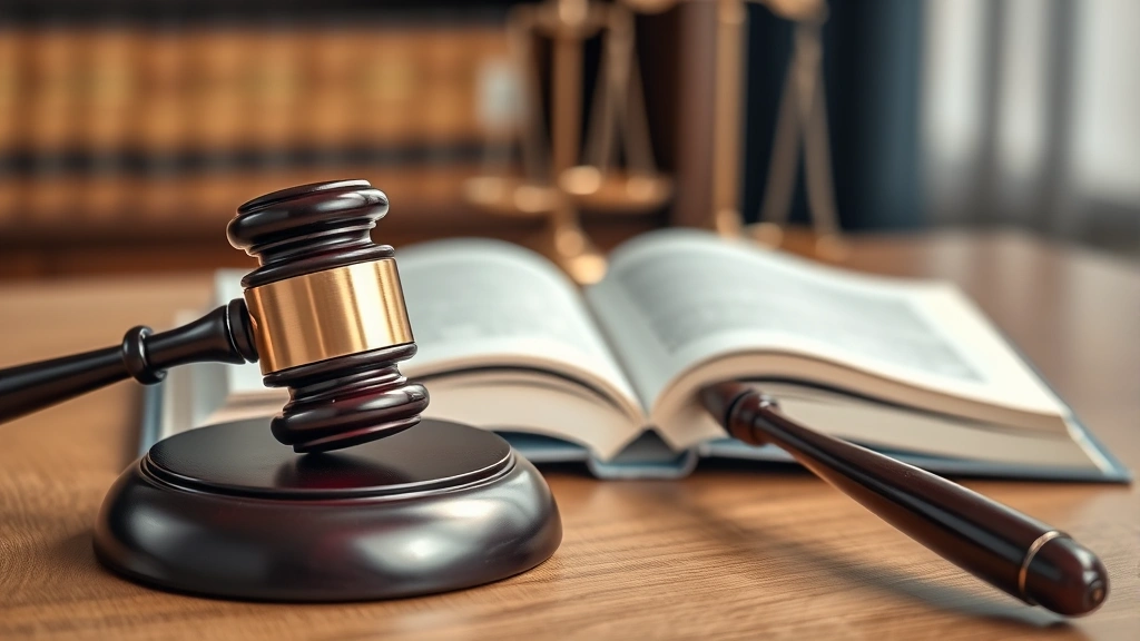 Gavel and law books on wooden desk with scales of justice in background, professional legal office environment, close-up shot emphasizing legal authority and justice