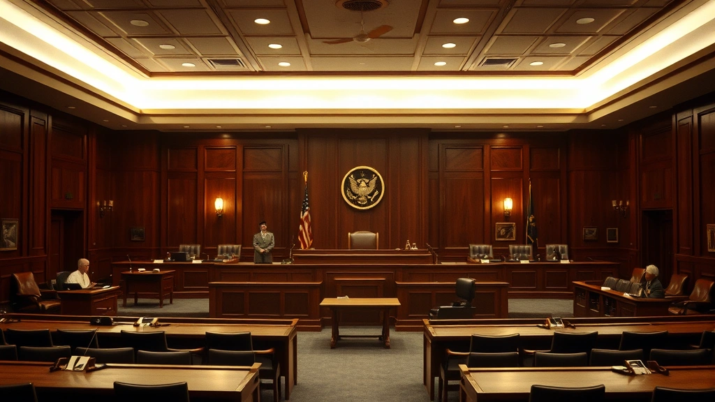 Professional historical archive photograph showing 1960s civil rights era courtroom with period-appropriate furniture and lighting, serious legal atmosphere, no visible text or signage, focused on architectural details