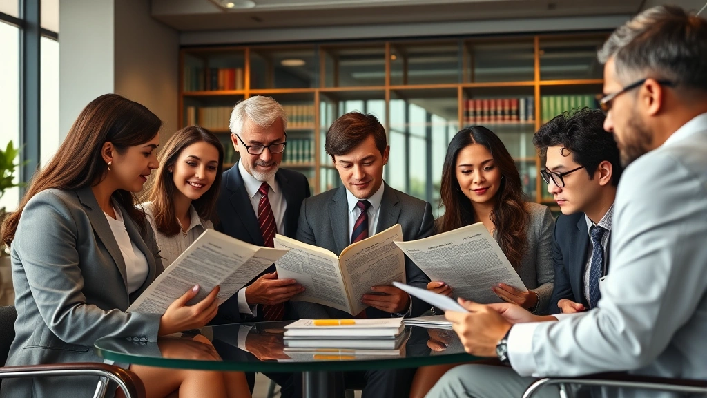 Photorealistic image of diverse group of attorneys in modern law office reviewing historical legal documents and constitutional texts, professional business attire, collaborative discussion setting, warm office lighting