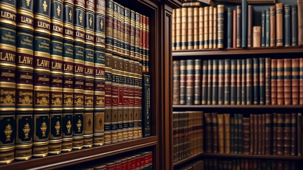 Detailed photograph of historical law books and legal volumes on wooden shelves, leather-bound judicial references, soft library lighting, scholarly environment emphasizing legal scholarship and research