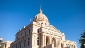 Professional photograph of Arizona state capitol building exterior, architectural details, daytime lighting, clear blue sky, no signage or text visible, wide angle establishing shot