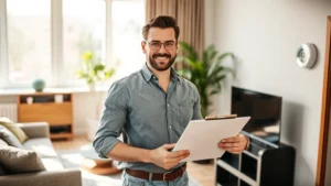 Professional male tenant in casual clothing holding phone and clipboard, standing in modern apartment living room with visible thermostat on wall, natural sunlight streaming through windows, confident expression while documenting apartment maintenance issues