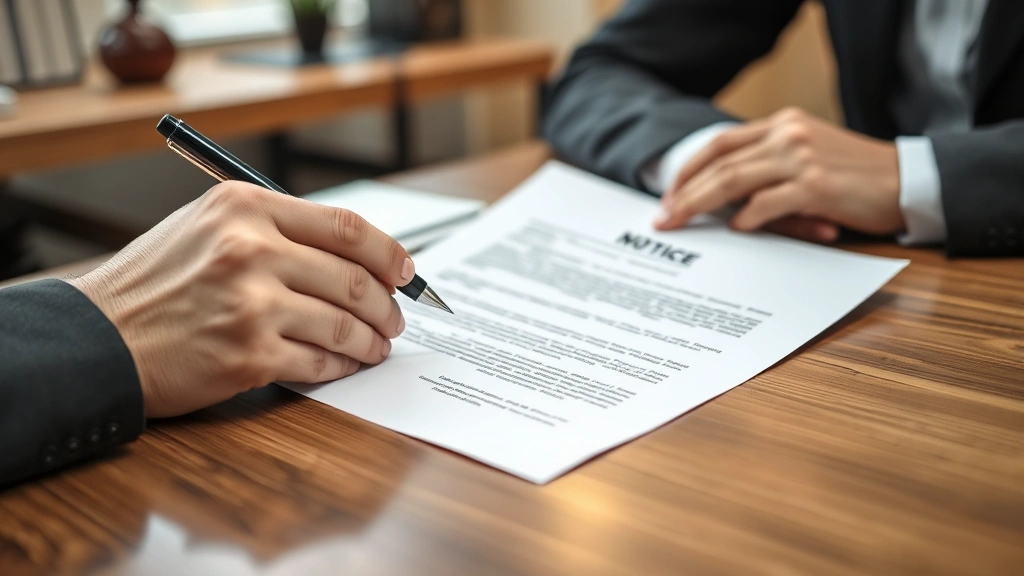 Close-up of hands holding official written notice document and pen over wooden table, professional office setting with blurred background, demonstrating formal communication and documentation process for tenant rights
