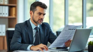 Professional male attorney in business suit reviewing vehicle warranty documents at office desk with laptop, serious expression, natural lighting