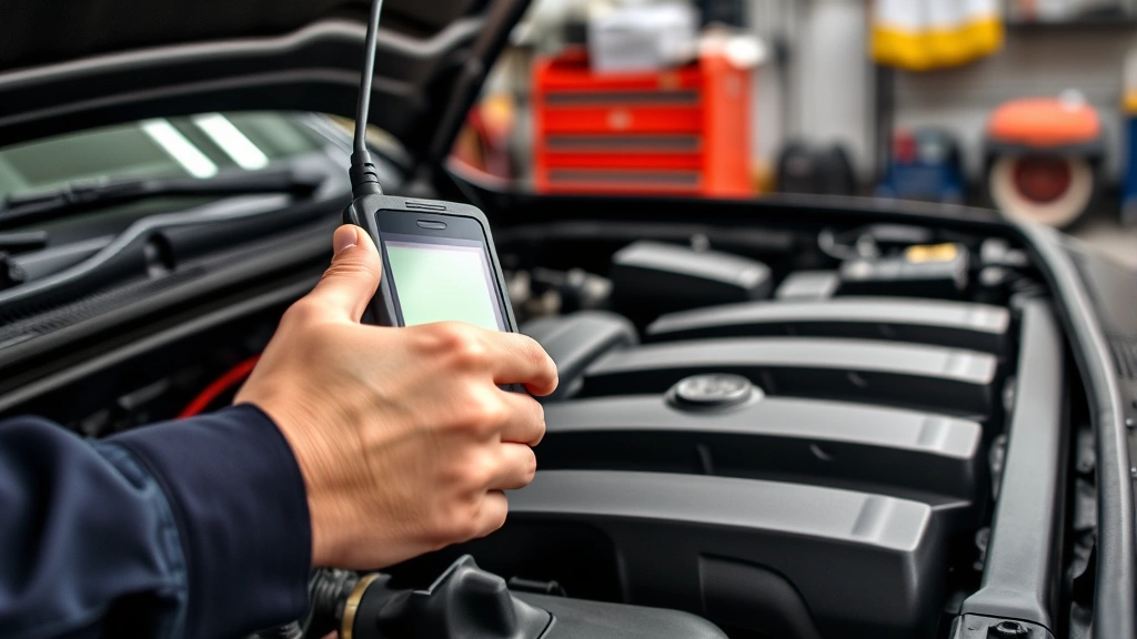 Close-up of mechanic's hands holding diagnostic scanner on vehicle engine, professional automotive shop setting, tools visible in background