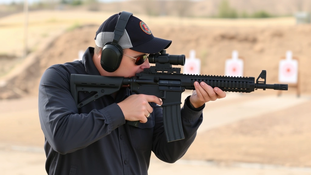 Professional firearms instructor demonstrating safe rifle handling techniques at an outdoor shooting range with targets visible in background, showing proper stance and grip