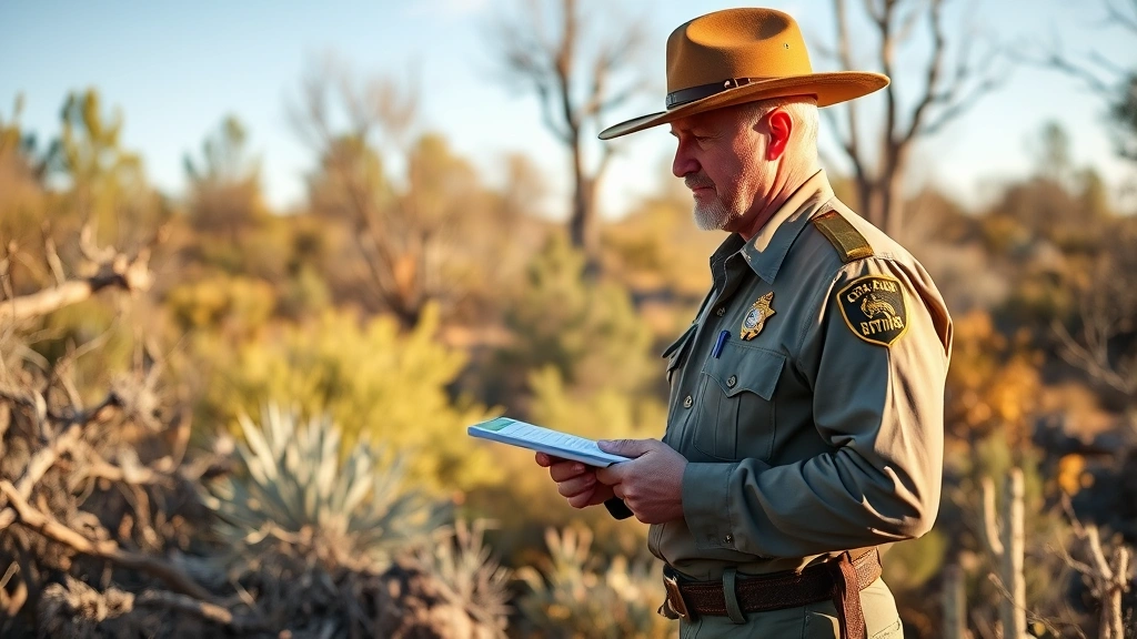 Arizona Game and Fish Department ranger in uniform checking hunting licenses of hunters in a forest setting during hunting season, natural outdoor lighting