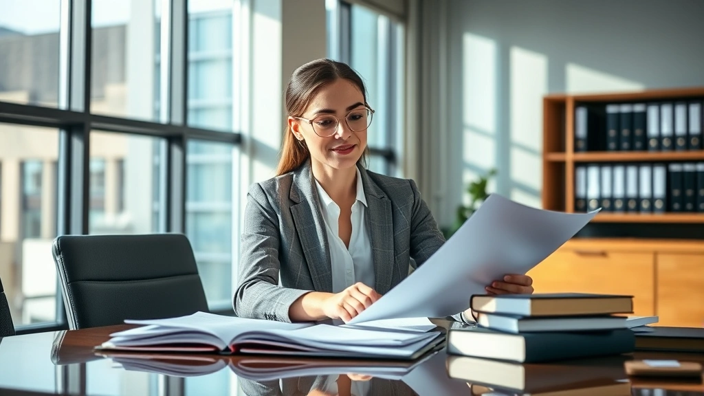 Professional female lawyer in business attire reviewing documents at desk in modern law office, natural lighting from window, confident expression, paperwork and legal files visible
